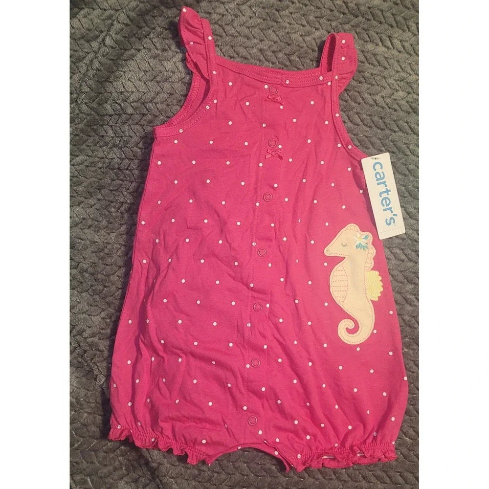 Carters Baby Girl 12M Romper Bundle 3 Pack Pink Green Purple Floral Seahorse NEW
